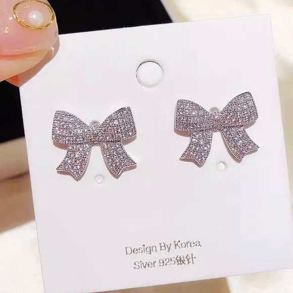 Platinum Plated CZ Crystal Bow Stud Earrings - Picture 4 of 4